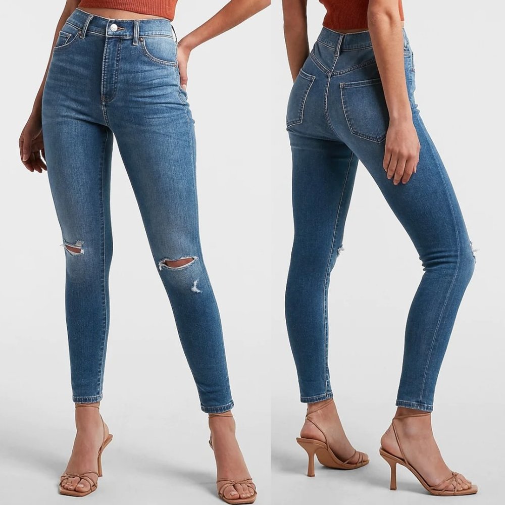 ✨ 2/$20 ✨ Express Women's Medium Wash Blue Skinny High Rise Ripped Knee Jeans 8R